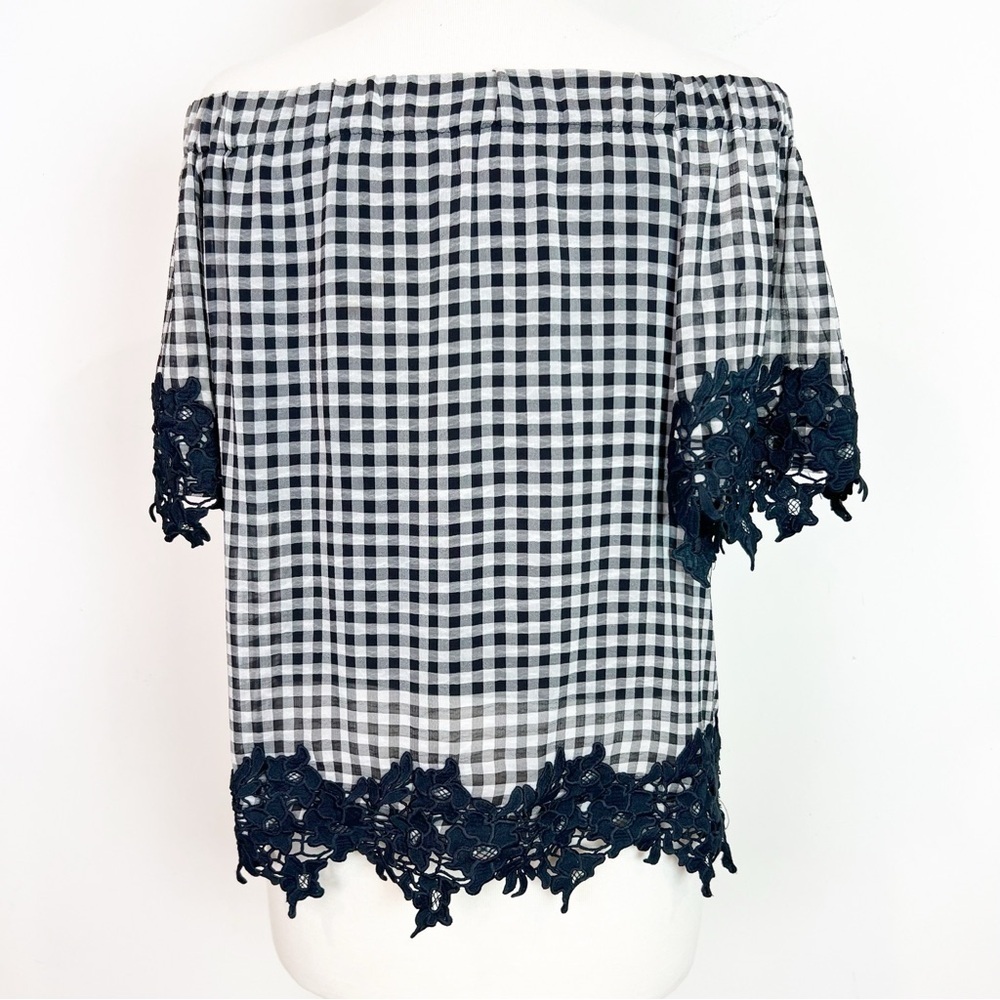 BAILEY 44 NAVY GRAY GINGHAM PLAID OFF SHOULDER EYELET TRIM BLOUSE WOMENS SMALL - Picture 5 of 6
